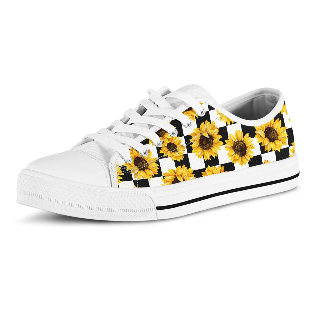 Women's Black White Checkboard Sunflower Canvas Shoes Low Top Flat Canvas Shoes Student Daily Sneakers Vulcanized Shoes