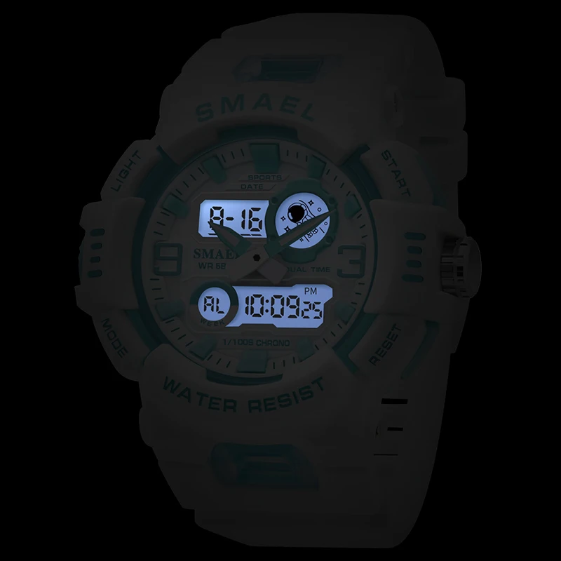 SMAEL Dual Time Sports Women Watch Quartz Student Wristwatches Fashion Female White Dual Time Digital Clock Lady Gift Auto Date 5