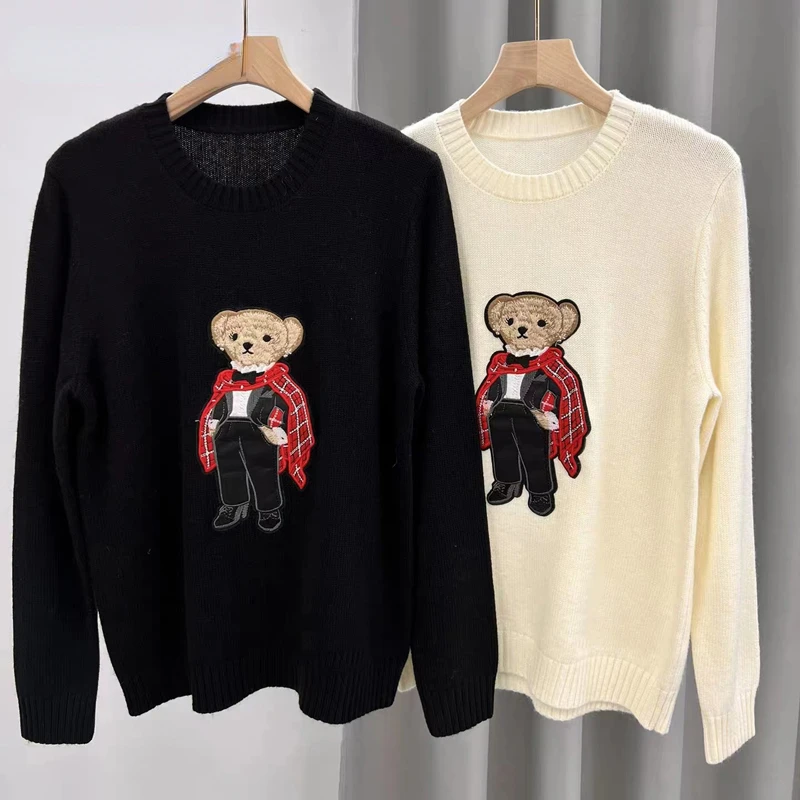 

Red Checked Cloak RL Bear Sweaters Women's Cashmere Wool Blend Knit Pullovers High Quality Cartoon Casual Fashion Soft Jumperer