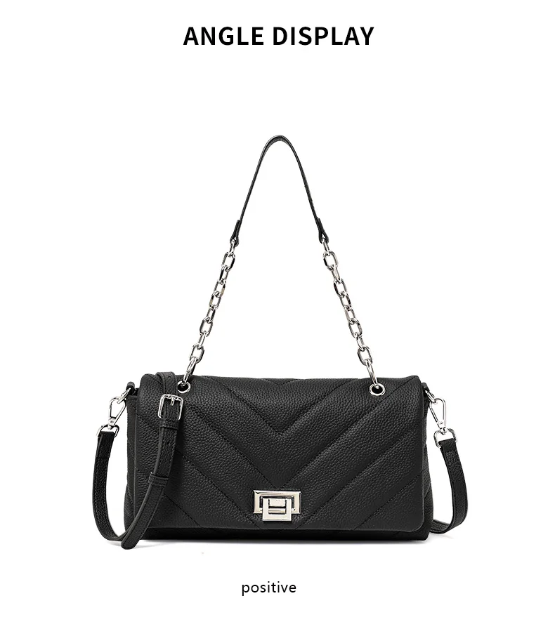 Damen-Umhängetasche aus echtem Leder mit Klappdeckel, schwarz, leicht, minimalistisch, Kettenriemen, Messenger-Tasche – Detail 8