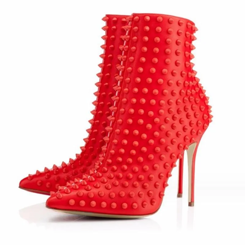 

Full Spikes Rivets Ankle Boots Red Black Matte Leather Pointed Toe 12cm Stiletto High Heels Short Booties Plus Size 45