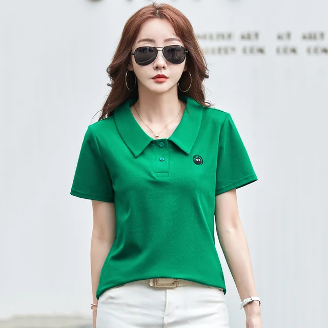 New Women Summer Cotton T-shirt Fashion Sweet Turn-down Collar Short Sleeve Green T-shirt Simplicity Casual Loose Tees Tops 1
