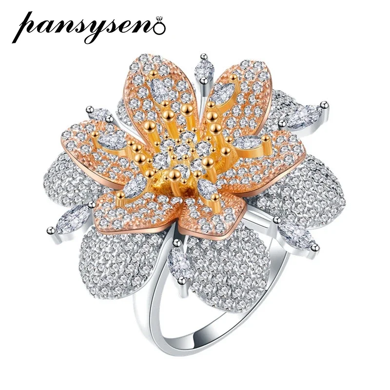 Pansysen Hyperbole Luxury 925 Sterling Silver Flower High Carbon Diamond Gemstone Ring 18K Gold Plated Fine Jewelry Wholesale