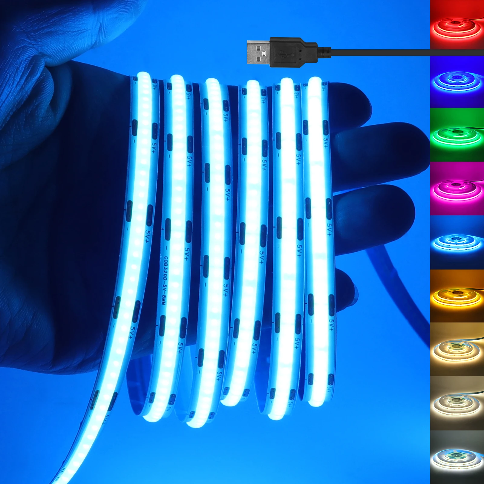 DC 5V COB LED 스트립 USB 320LEDs/m 유연한 LED 테이프 3..