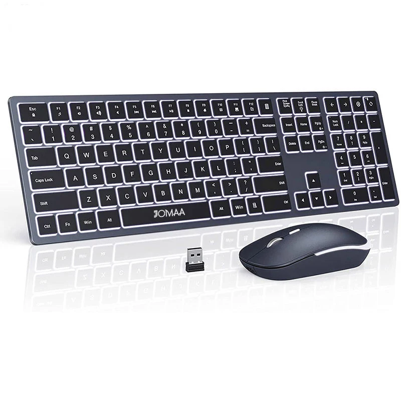 Combinação de Teclado e Mouse sem Fio Teclado e Mouse Retroiluminado Silencioso Conjunto Slim Recarregável em Tamanho Grande Usb 2.4g