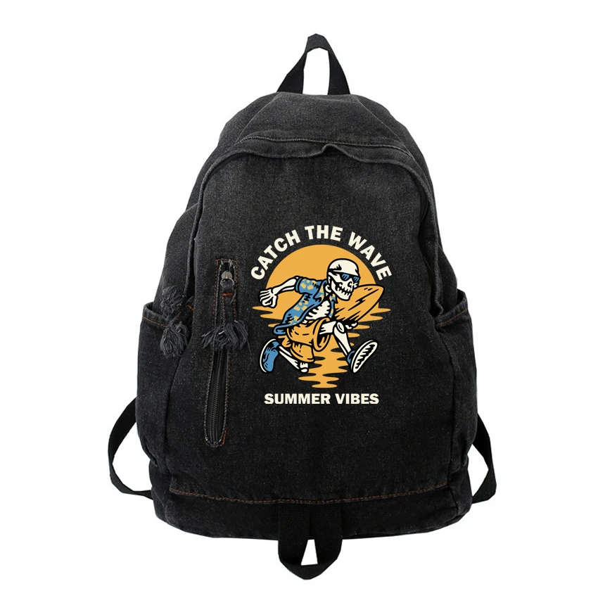 

New Denim Backpack Women's Leisure Travel Outing Female Schoolbags Suitable Boys Girls Unisex Funny Skull Catch The Wave Printed