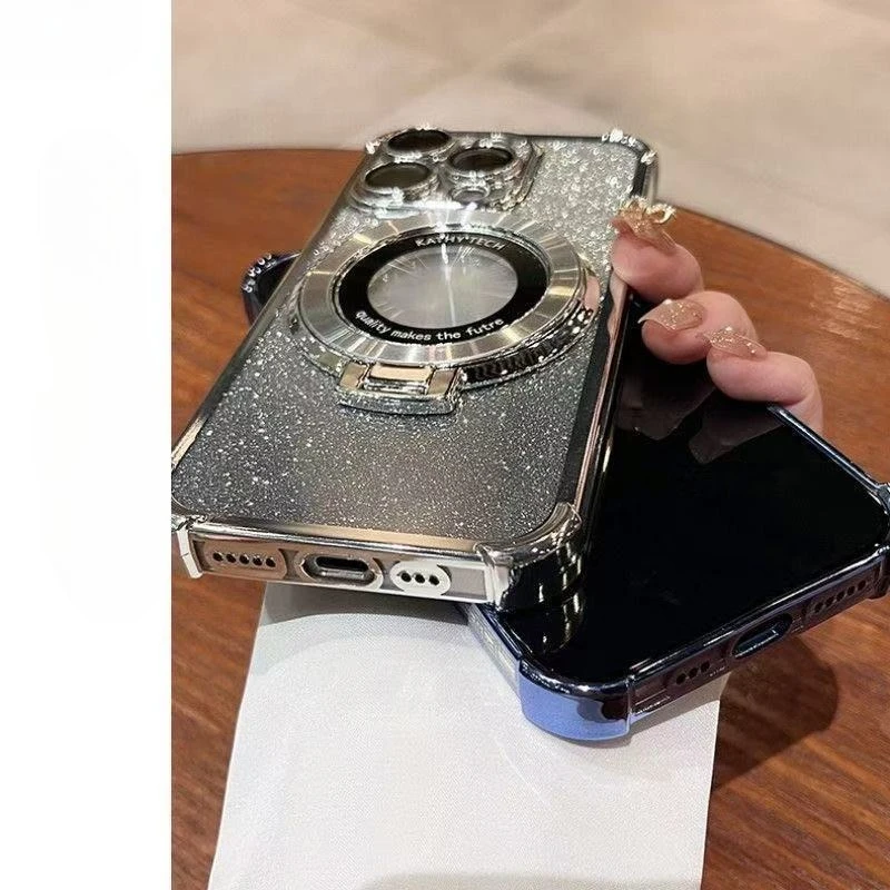 Glitter Magnetic Bracket Phone Case with Magsafe Holder and Bumper