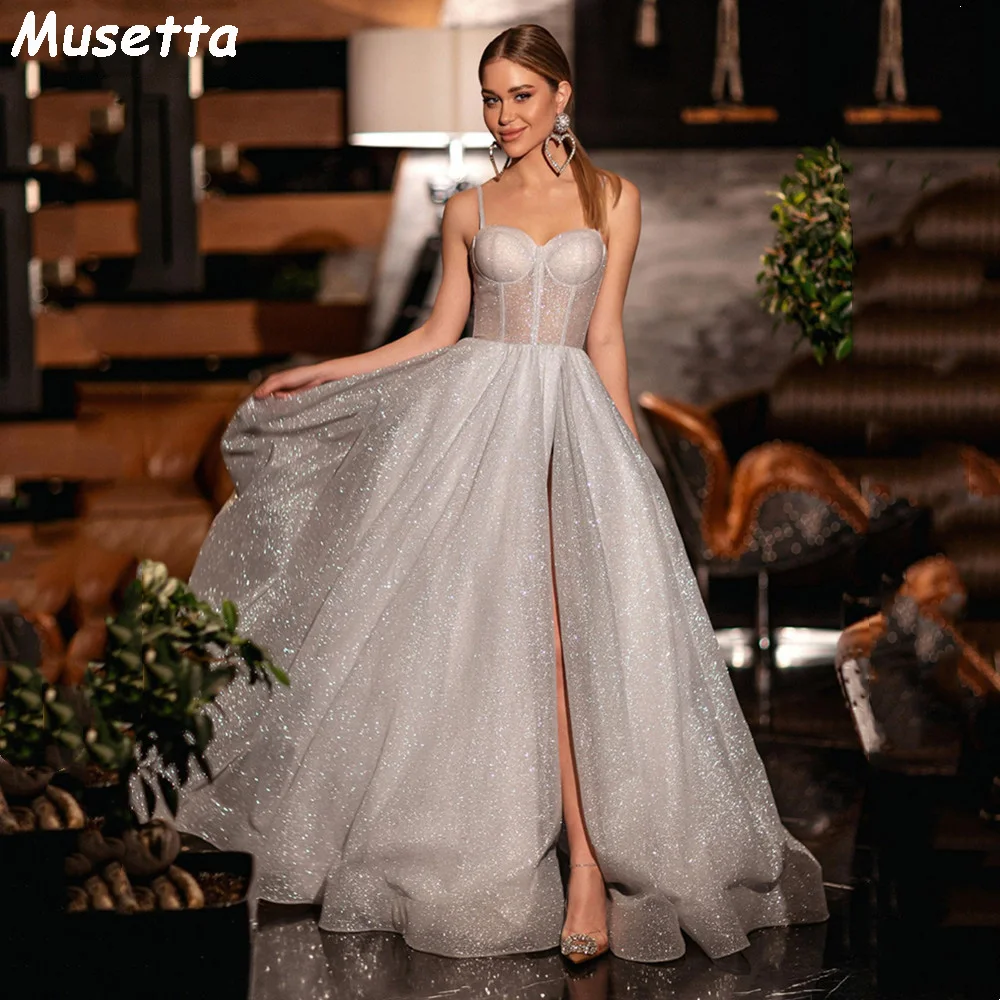 

Musetta Shiny A-line Evening Dress Spaghetti Strap Floor Lenght Prom Dresses Glitter Elegant Ivory Formal Prom Party Gown