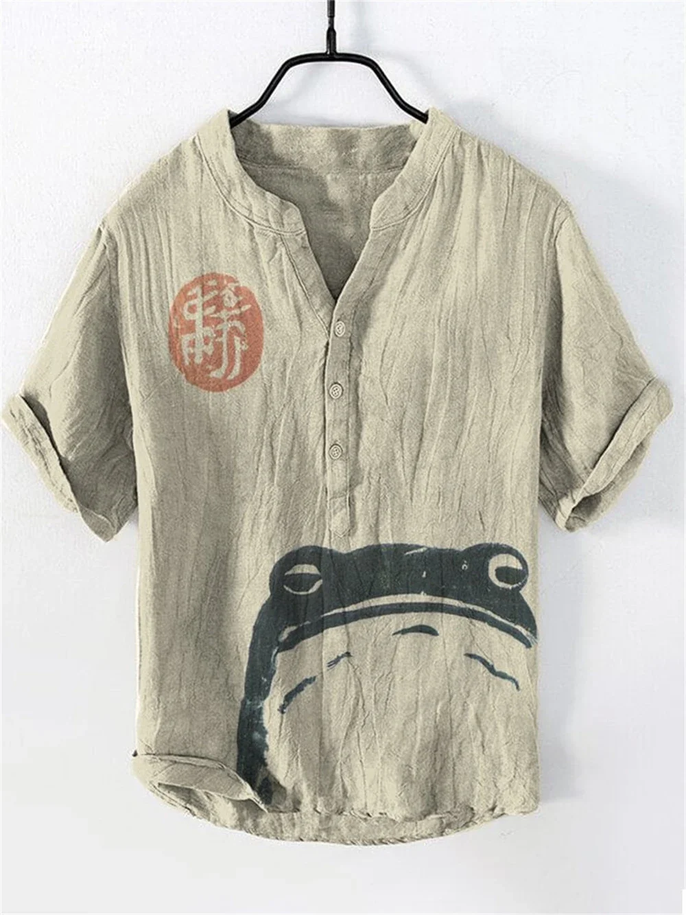 Men Women New Linen Short Sleeved 3D Printed Frog Pattern Pullover Hawaii Beach Shirt