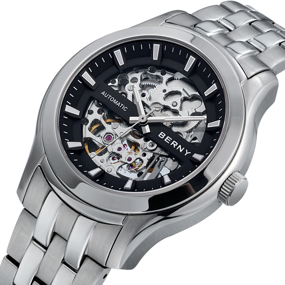 BERNY Skeleton Men's Mechanical Watch Luxury Miyota 8N24 Sapphire Exhibition Automatic Self Winding Wristwatch Waterpoof 5ATM