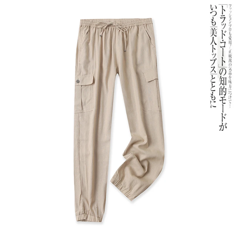 

Cotton And Linen Overalls Spring Casual Elastic High Waist Lace-up Pants 14573