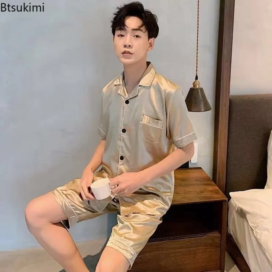 Summer men silk satin pajamas set Turn-down Collar Sleepwear Short Sleeve Nightwear 2 Pieces Sets Homewear 5XL