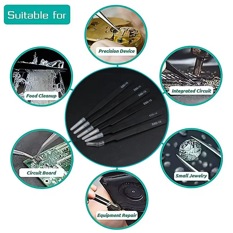 ESD Anti-Static Stainless Steel Tweezers Precision Maintenance Industrial Electronic Repair Tool Home Model Making Hand Tools