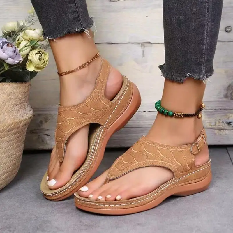 Orthotic Flat Sandals Solid Color Texture Pattern Women's Thong Sandals Comfort Sandals Women Orthopedic Sandals Arch Support