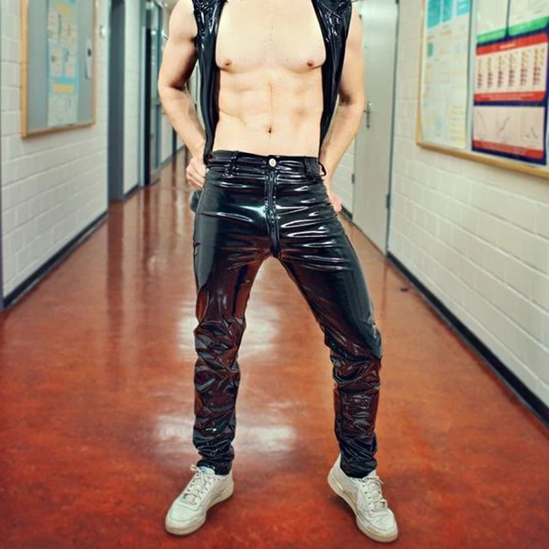 Black Men's Wetlook PVC Pants Over Crotch Zipper Liquid Trousers for Men Motorcycle Leather Pants
