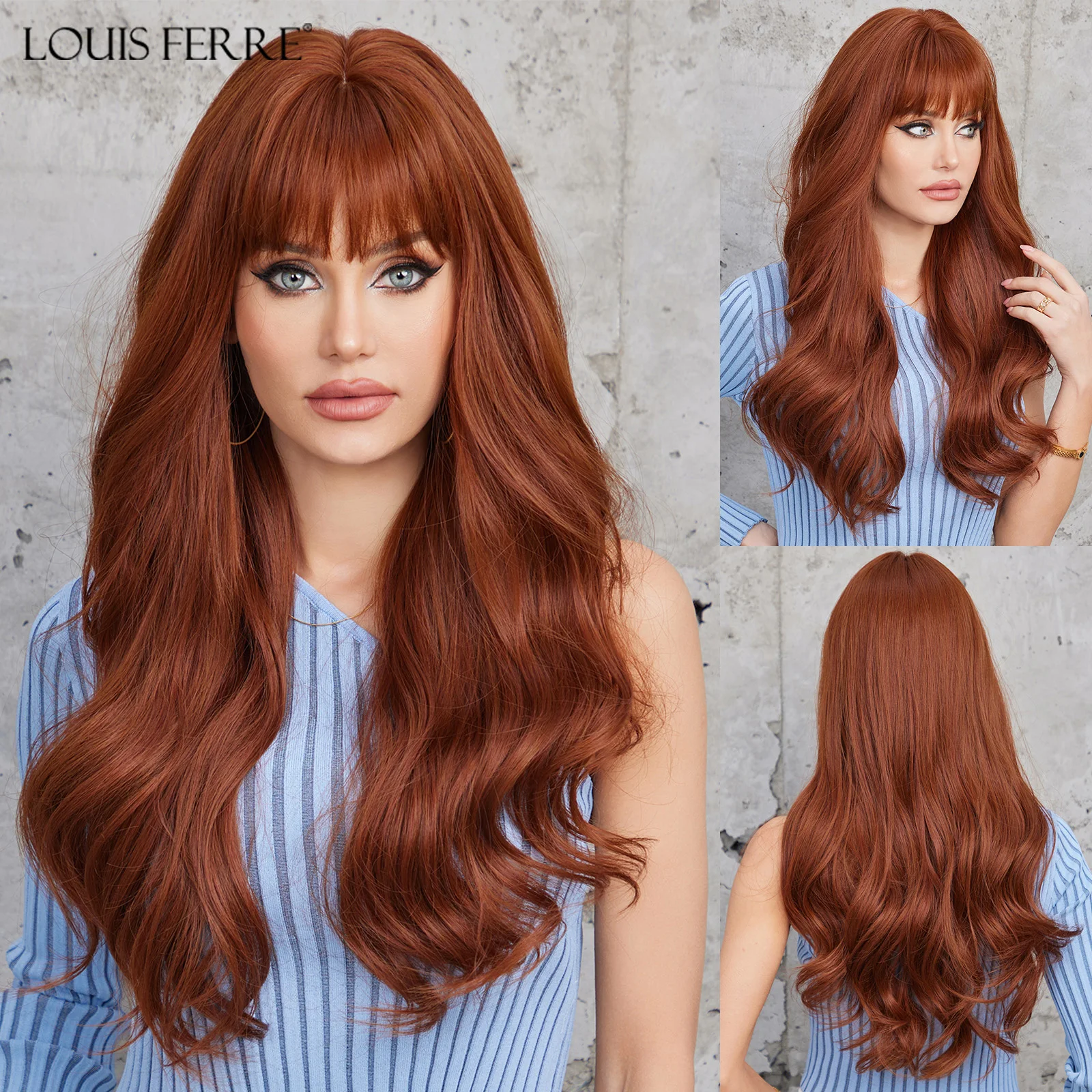 

LOUIS FERRE Brown Wavy Natural Synthetic Wigs for Women Long Curly Wig With Bangs Heat Resistant Fiber Hair for Daily Cosplay