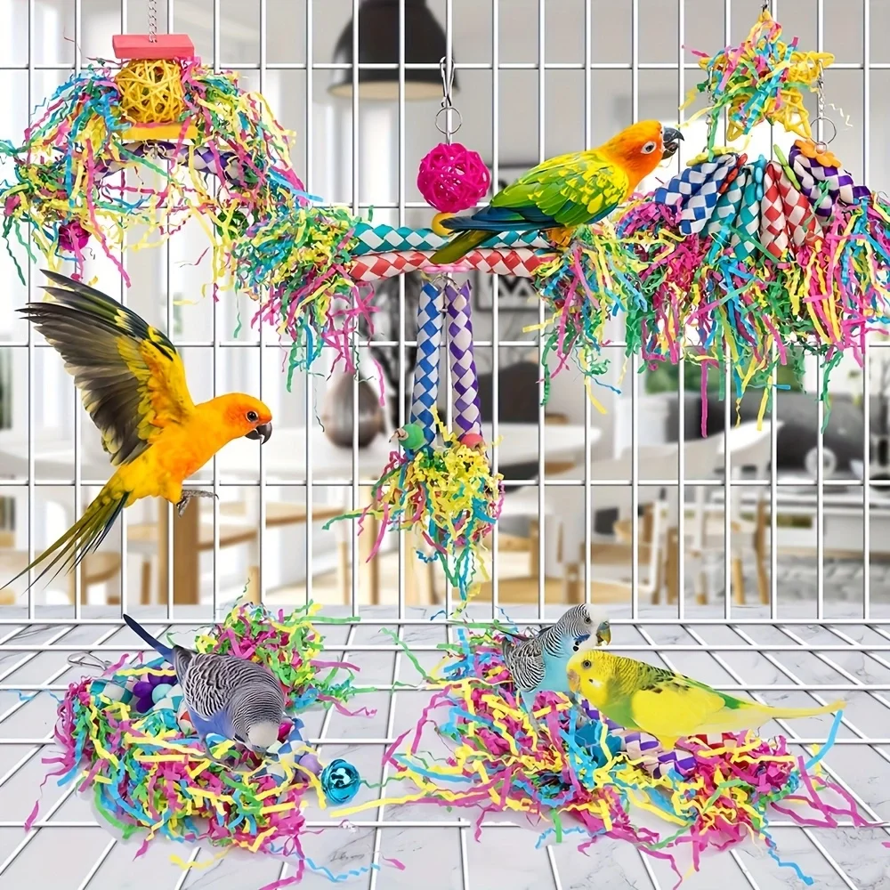 Highlights the variety and valueew 5-in-1 Parrot Chew Toys Set &ndash; Shreddable Foraging Toys, Finger Sleeves, Sichuan Pepper Wood,
