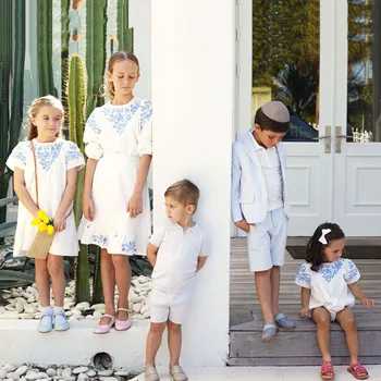 AP Cobalt Embroidery Collection Not Transparent 2025SS Girls Dress Sister Brother Matching Clothing Set Baby Romper Knit Polo 1