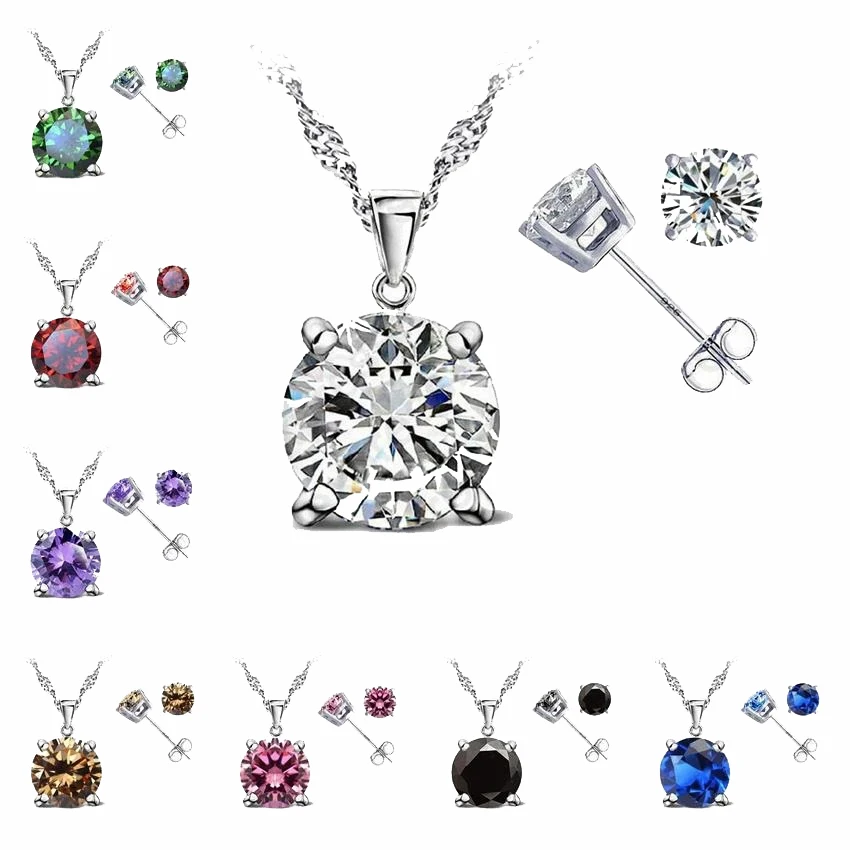 Classic Jewelry 4 Claws Cubic Zirconia 925 Sterling Silver Jewelry Sets Stud Earring Pendant Necklace 8 Colors