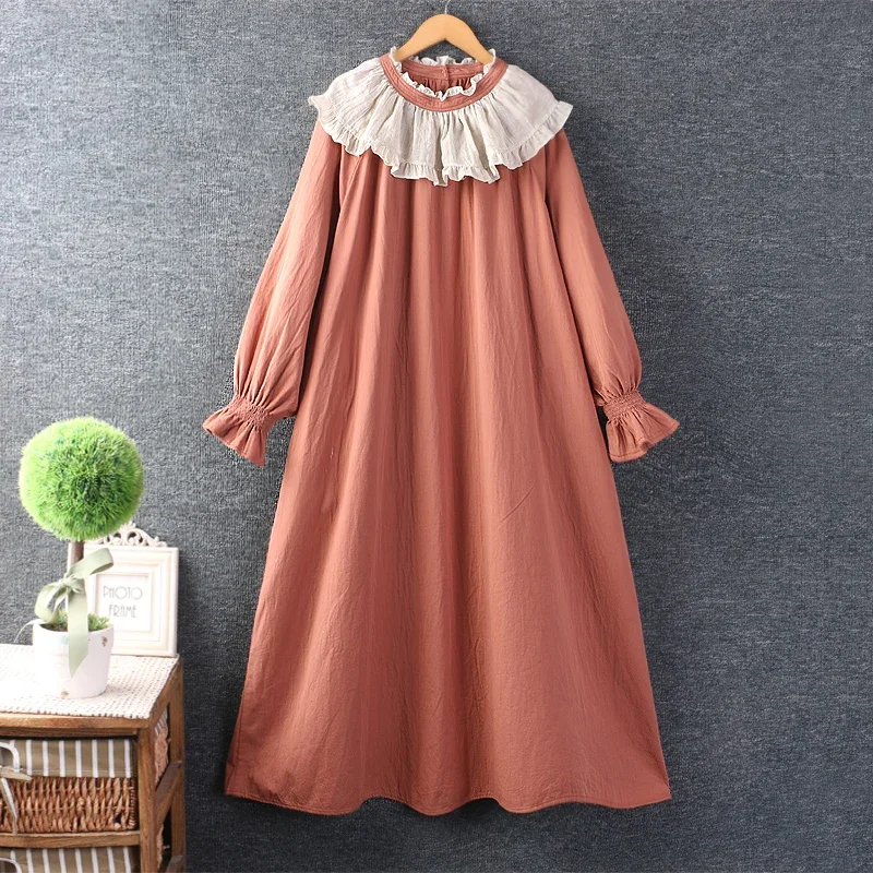 

Spring Summer Japanese Mori Girl Sweet Ruffles Collar Dress Women Long Sleeve Solid Color Casual Loose Cotton Linen Midi Dresses