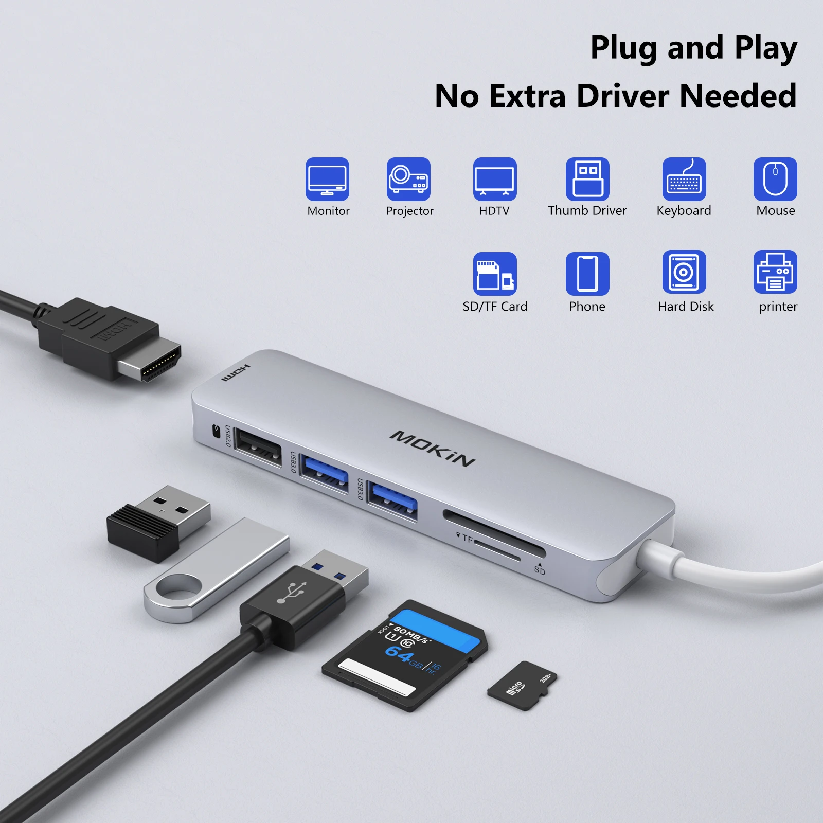 MacBook Air/Pro, iPad용 MOKiN 6 in 1 도킹 스테이션 - USB3.0, HDMI 4K30Hz, SD, TF - 향상된 생산성 및 연결성