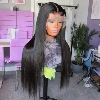 Straight Black Color Soft Synthetic 13X4X1 HD Lace Frontal Wig For Black Women Prepucked Bleach Knots Glueless Wig Daily Party