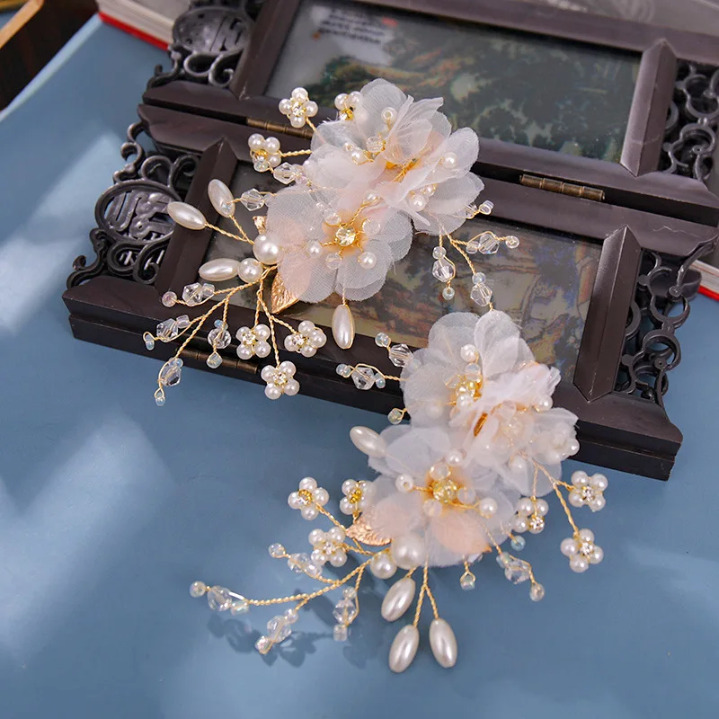 Antique Silk Yarn Flower Hair Clip Handmade Pearl Hairpins Fairy Ancient Barrette Hanfu Headdress Girls Wedding Hair Accessories yo cho wedding corsage flower silk rose groom boutonniere buttonhole pin boutonniere men wedding planner marriage corsage flower