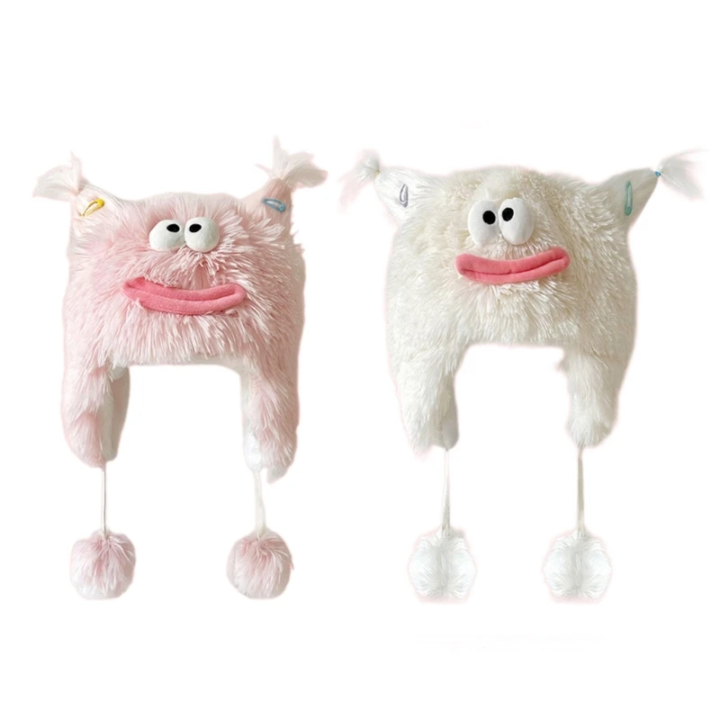 

Cartoon Adorkable Hat Girls Headgear for Outdoors Furry Skiing Full Lips Furry Pigtails Winter Beanie for Skiing Camping