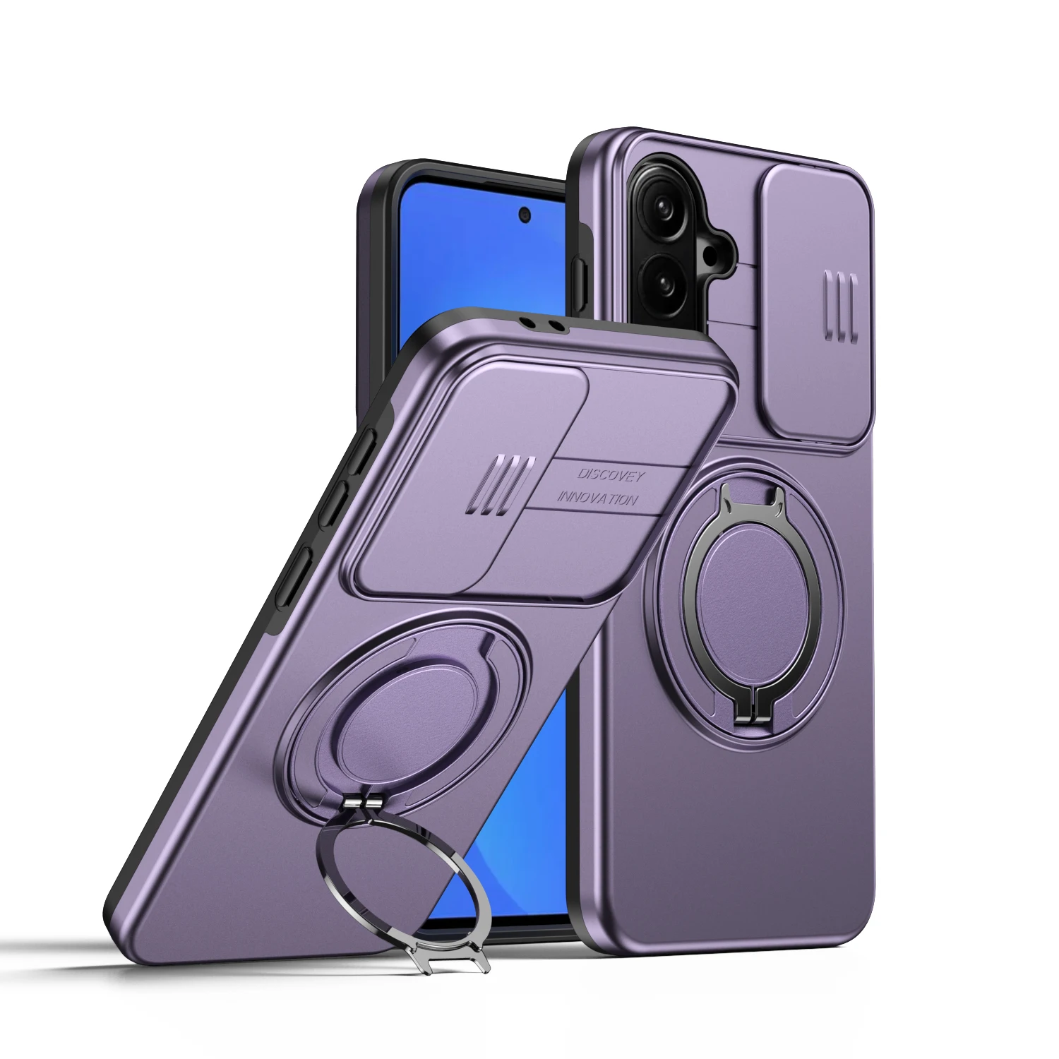 Sliding Camera Cover Armor Case with Metal Ring Stand and Durable TPU Plastic Coque