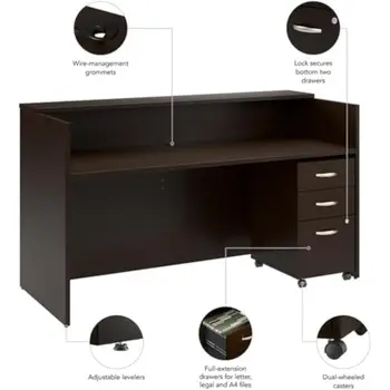Furniture Arrive 72W 30D Reception Desk with Shelf and Mobile File Cabinet in Mocha Cherry 6