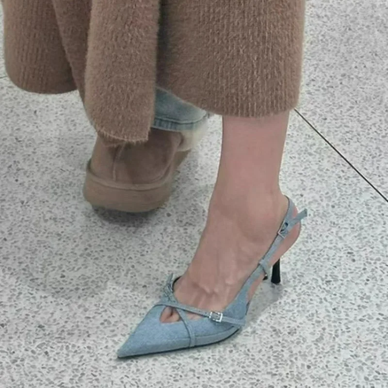 Blue Denim Fabric Stilettos Slingbacks Pointed Head High Heels Shoes for Women New Women Cross Strap Buckle Pumps Sandals