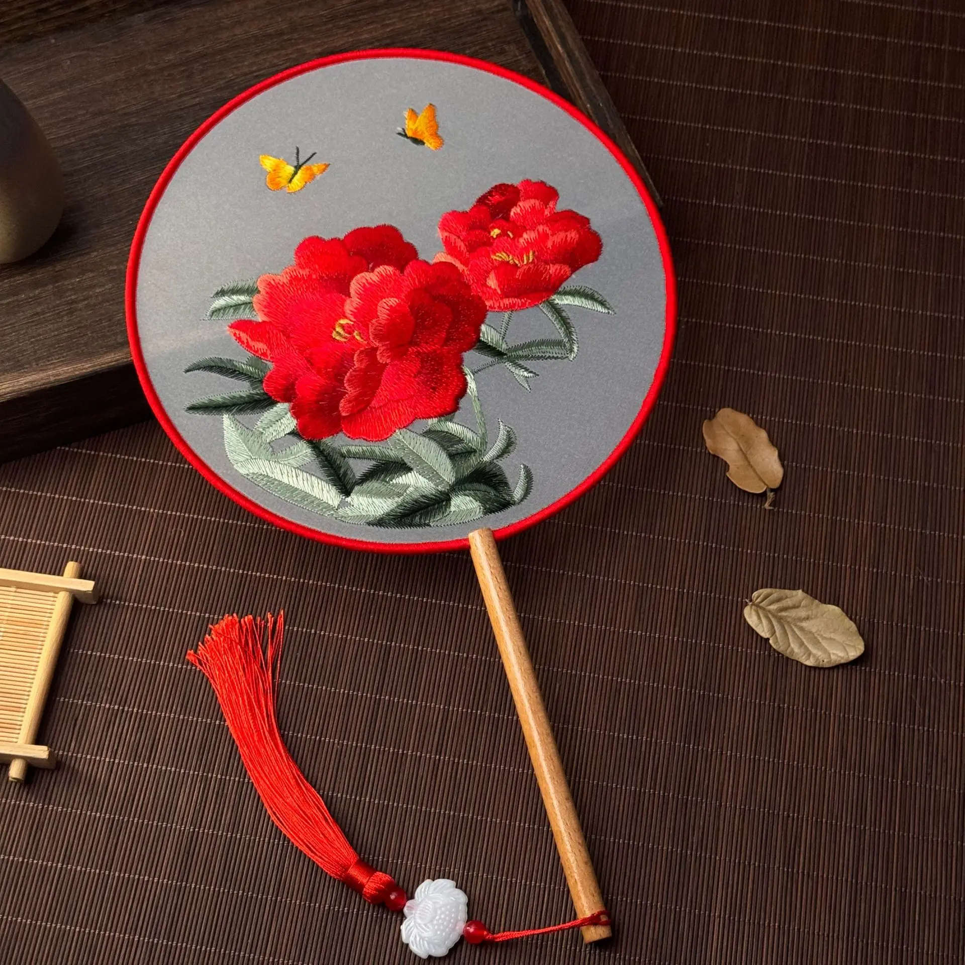 Hand Fan Silk Fans Double Sided Embroidery Round