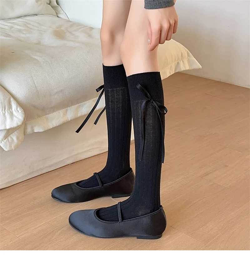 Lange Damensocken, hochwertige einfarbige Schleife, süße Kniestrümpfe, weiblich, dünn, weich, niedlich, Damenstrümpfe, gestreift, bequem – Detail 13