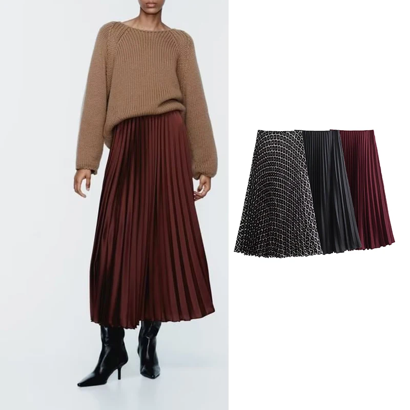 

TRAF Printed Pleated Skirts For Women High Waist Midi Skirt Woman Vintage Long Skirt Women Autumn Elegant Party Women's Skirts
