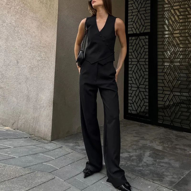 Summer New Cotton Linen Women's Vest Top & High Waist Straight Leg Pants Set Temperament Commuting Female Simple Trousers Ourfit