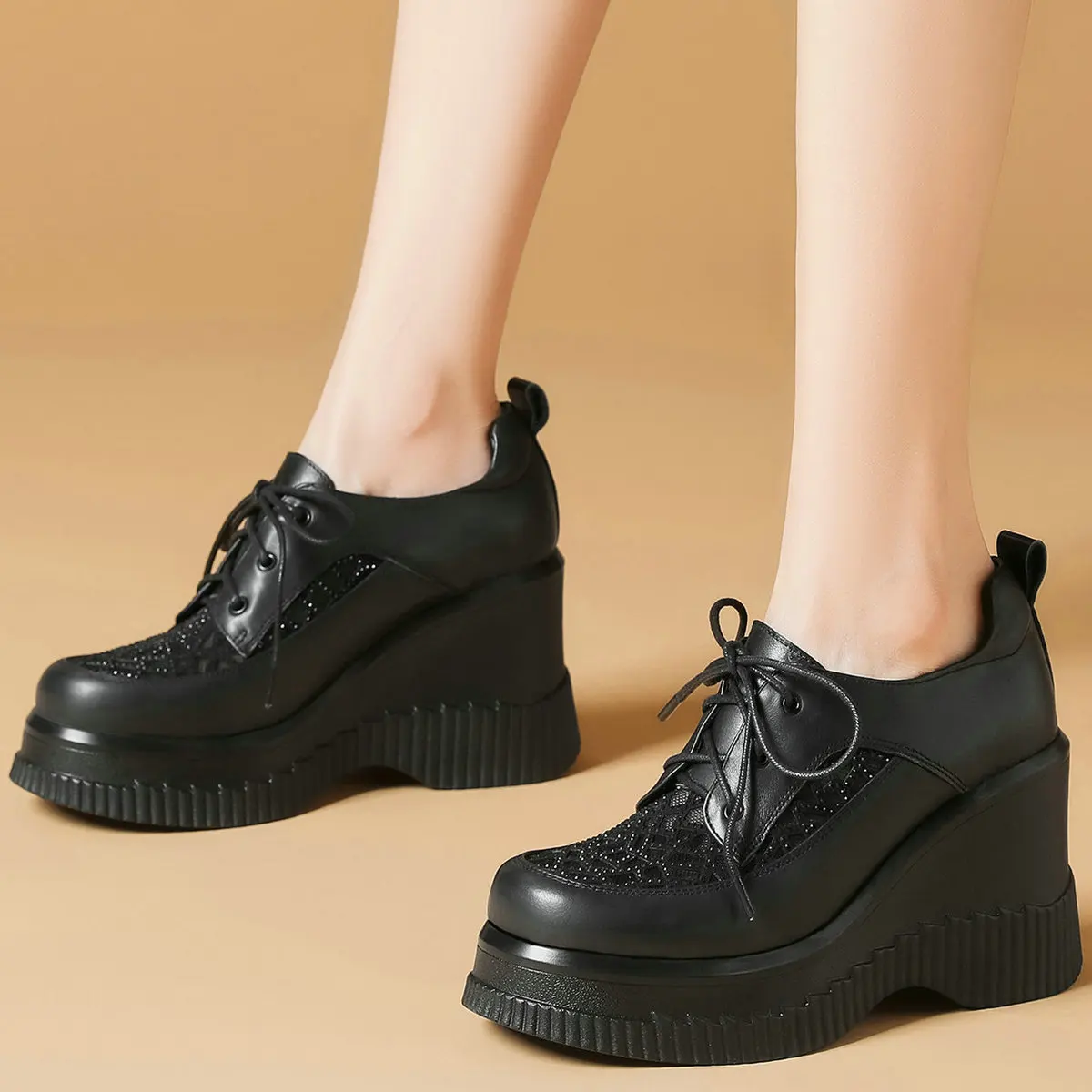 Platform Pumps Shoes Women Genuine Leather Wedges High Heel Ankle Boots Female Lace Up Round Toe Fashion Sneakers Casual Shoes