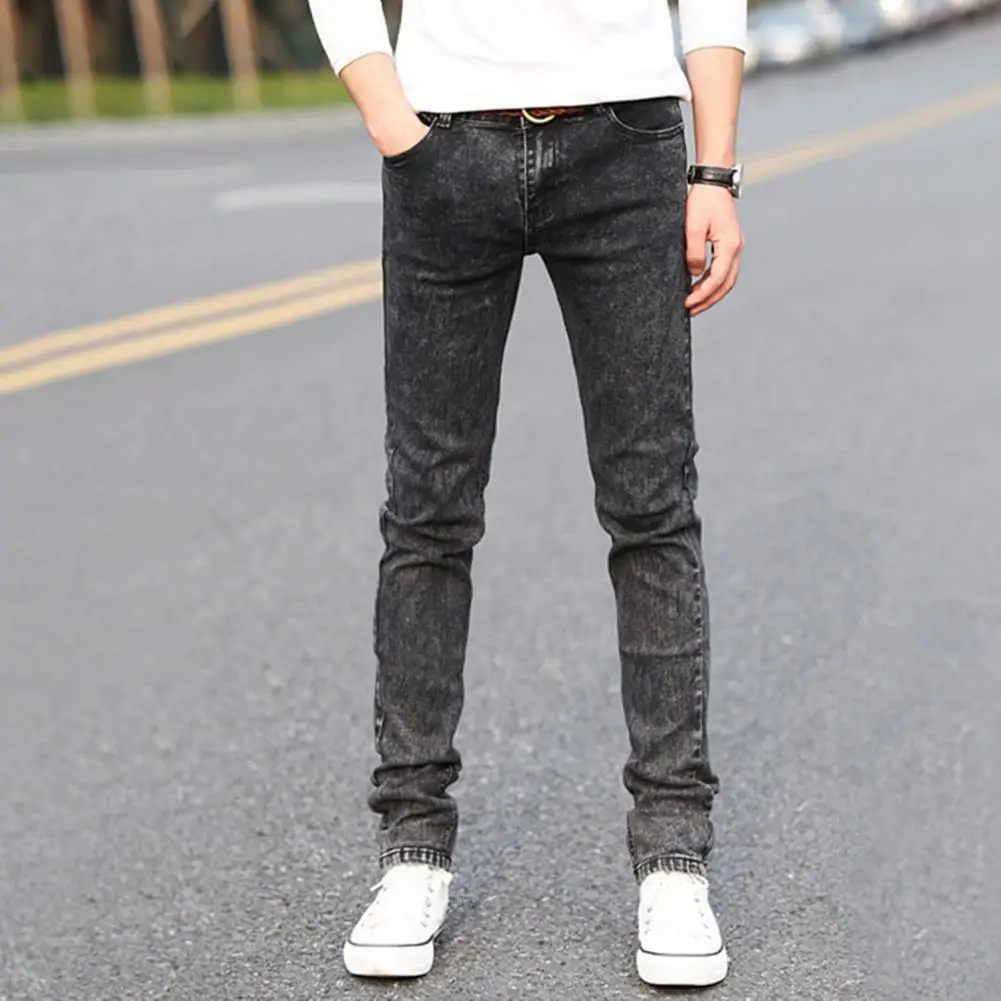 Trendy Denim Trousers Ankle Length Mid-rise Skin-Touch Men Slim Fit Denim Long Trousers Men Jeans Versatile