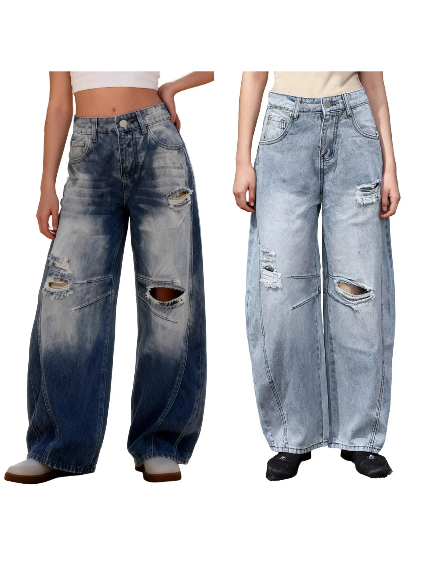 Women s Distressed Wide Leg Denim Pants High Waisted Vintage Loose Jeans with Stylish Pockets for Casual Street Style Fashion