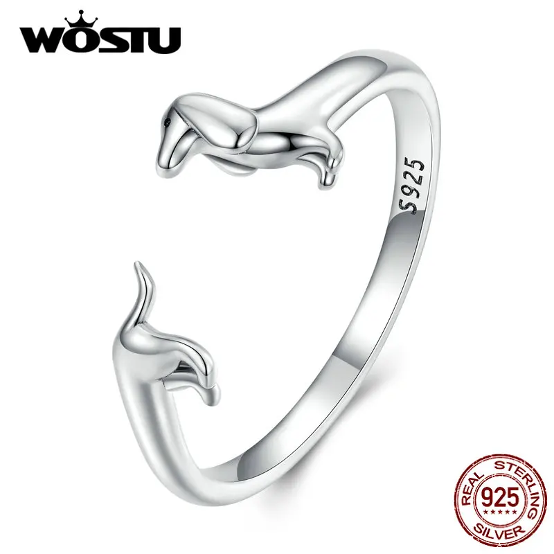 

WOSTU Real 925 Sterling Silver Cute Dachshund Dog Adjustable Rings for Women Original Open Animal Ring Fine Family Jewelry Gift