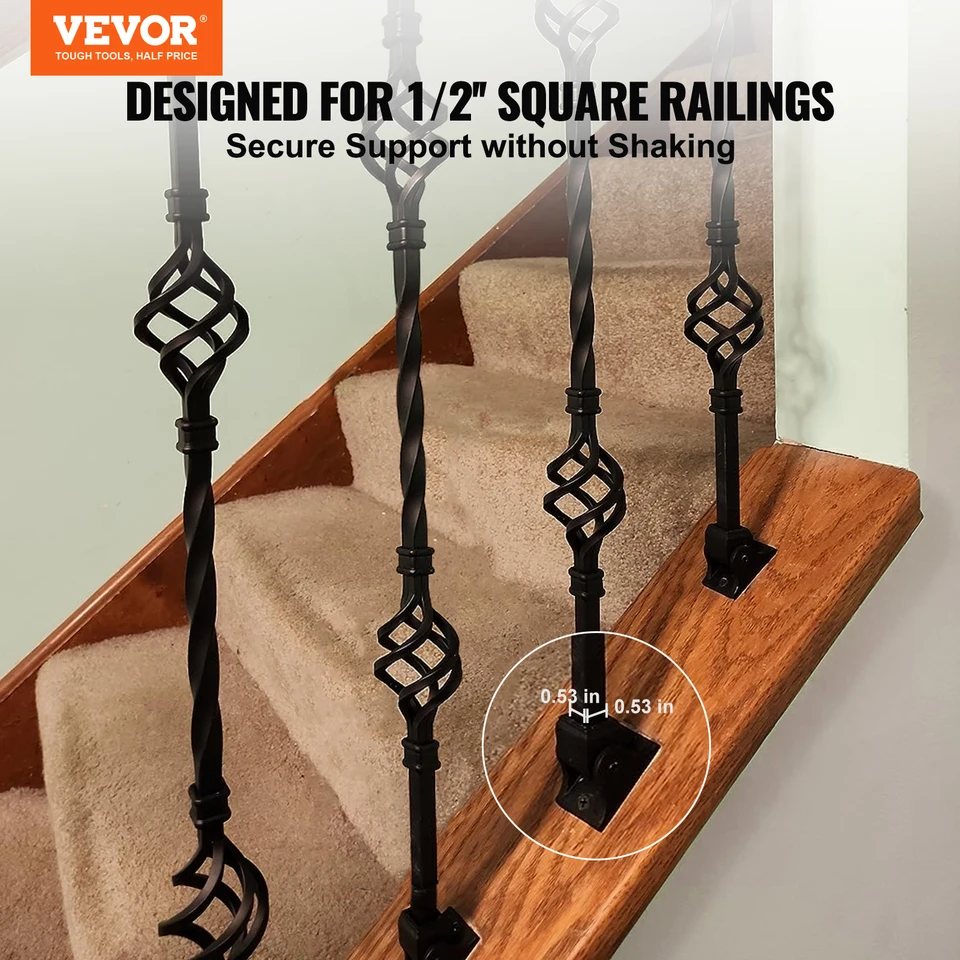 60 Pcs Iron Baluster Shoes With Screws - Satin Black, Fits 1/2" Square Railings For Staircase & Railing Projects