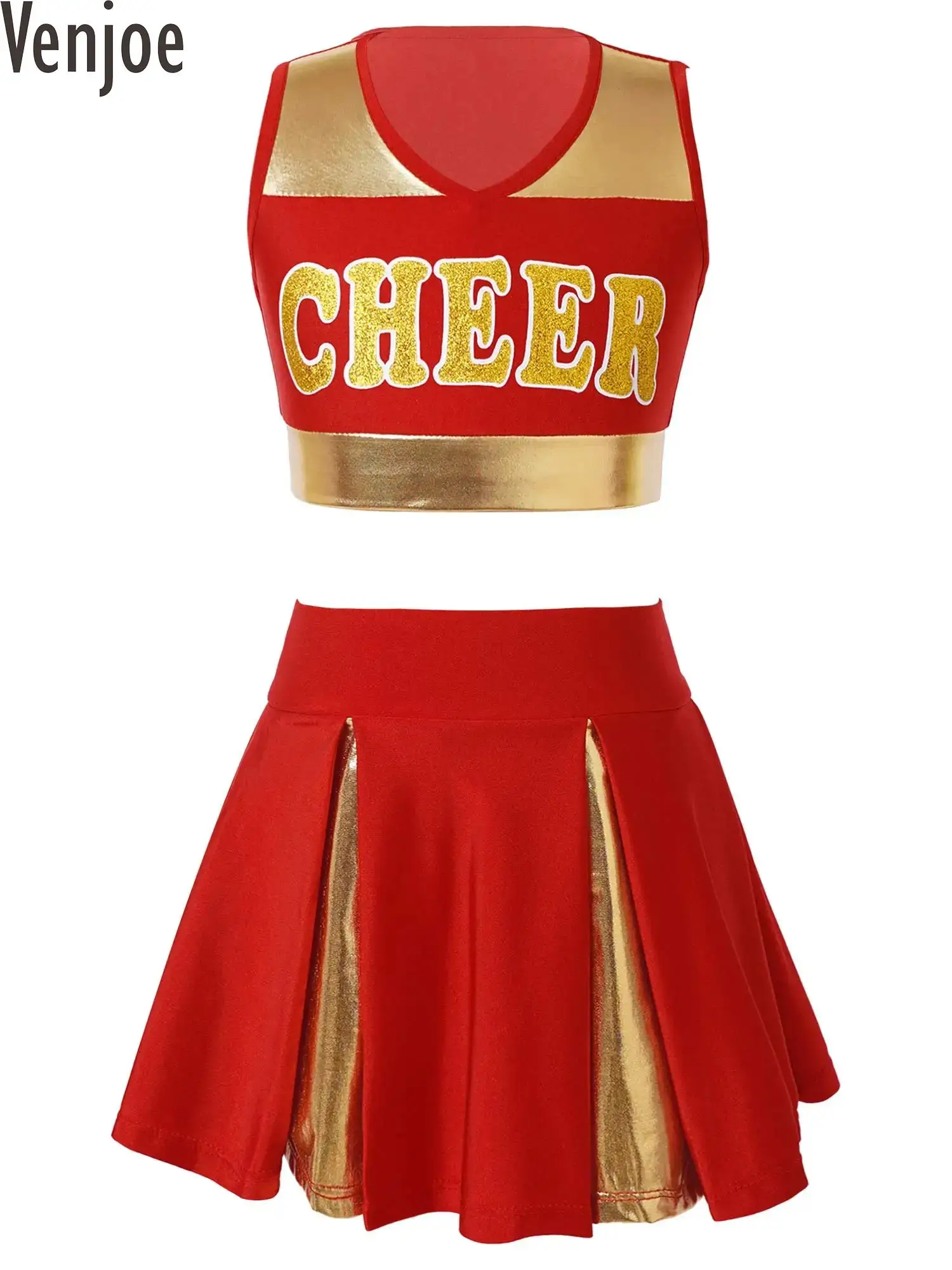 

Kids Girls Cheerleader Uniforms Cheerleading Dance Clothes Set Sleeveless Crop Top with Mini A-line Skirt Carnival Party Outfit