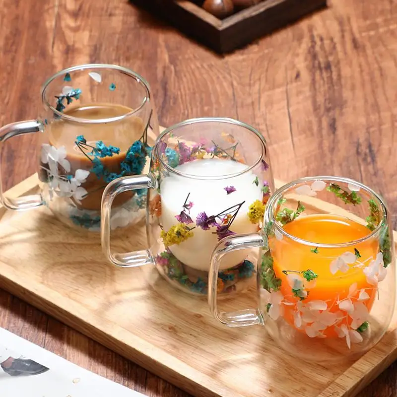 Tazze da caffè in vetro trasparente a doppia parete con fiori secchi da 4 pezzi tazza in vetro con doppio isolamento per bevande calde e fredde tazza da caffè Espresso Latte