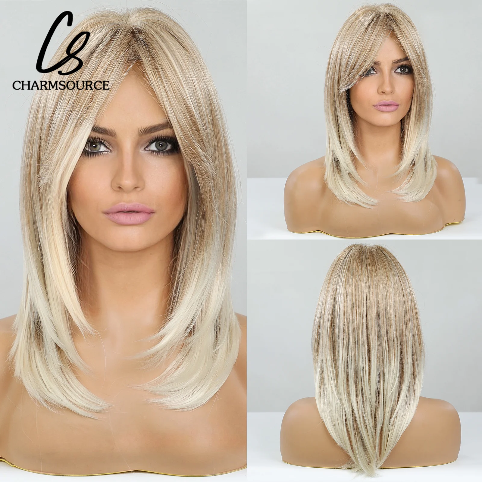 Natural Wavy Blonde Synthetic Wigs Medium Length Layered Hair with Side  Bangs for Women Daily Party Cosplay Heat Resistant Fiber - AliExpress, image size:1600x1600