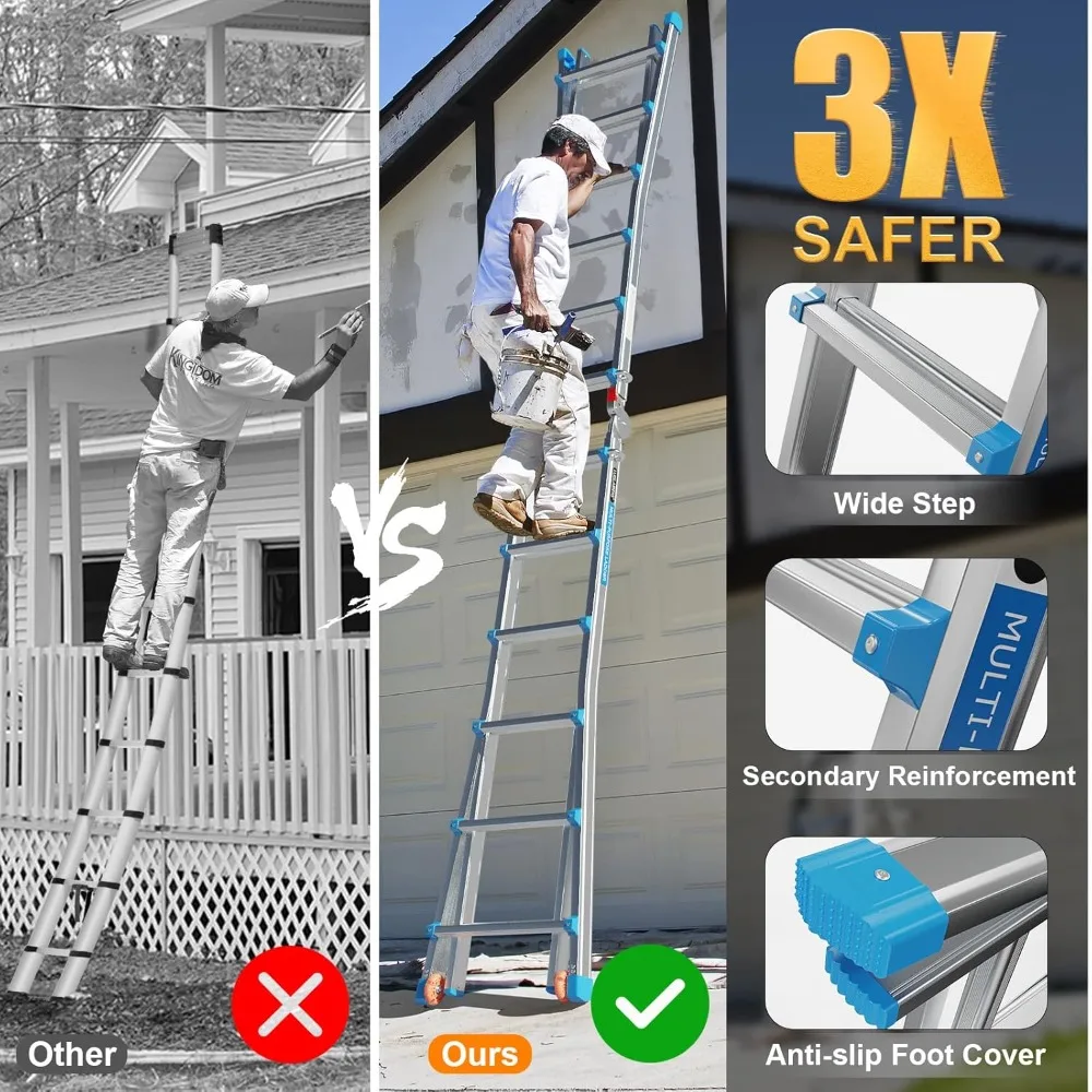 6 Step Telescoping Ladder, 22 Ft Reach, Multi-Position Folding, Flared Leg & Wheels, 330 lbs Capacity for Home Outdoor
