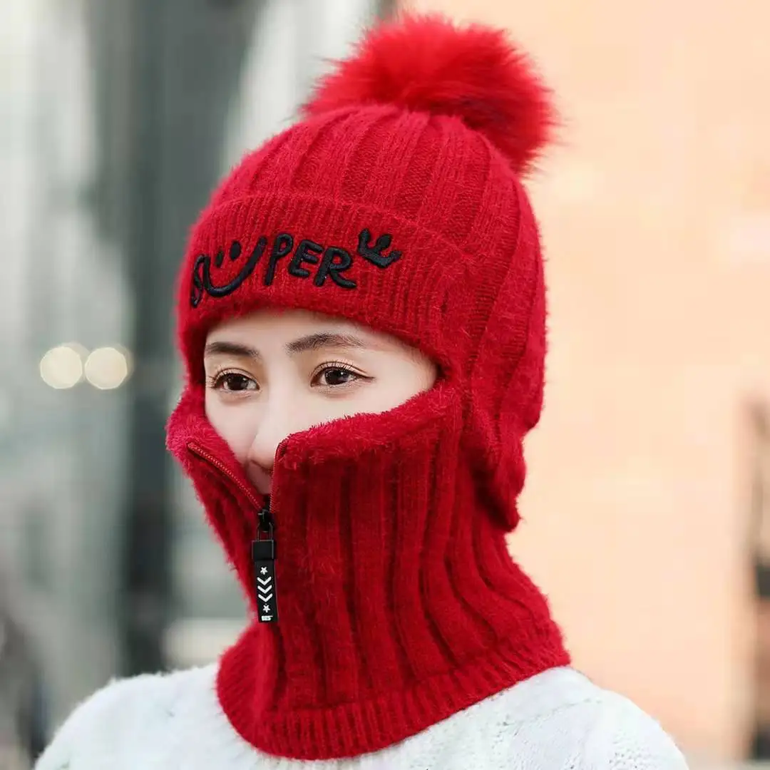 Coral Fleece Winter Women Knitted Hats Add Fur Warm Winter Hats For Women With Zipper Keep Face Warmer Balaclava Pompoms Caps 2