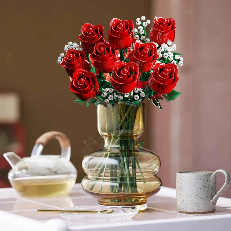 968PC Romantic Rose Flower Bouquet Building Blocks Creative Home Desk Plant Decoration Assemble Bricks Toys For Gifts Girls Lady 4
