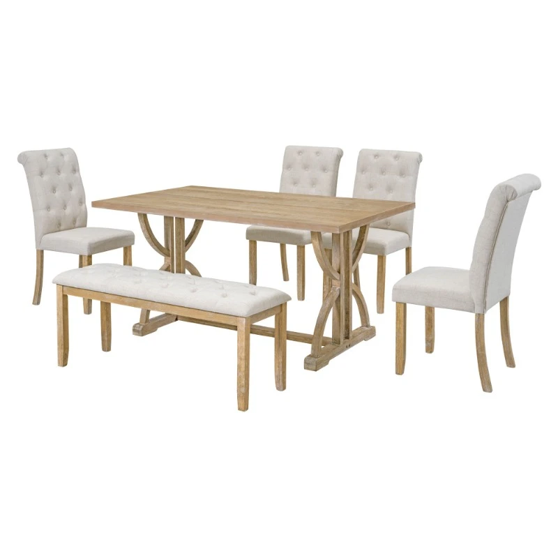 

6 Piece Nordic Dining Table Set with 4 Upholstered Chairs and 1 Bench Luxury Kitchen Dining Room Sets Elegant Home Furniture