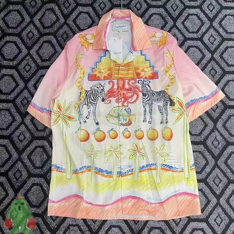 

23ss New Casablanca Shirts Hand-painted Zebra Zoo Print Short Sleeve Loose High Quality Skil Hawaiian Shirt for Men Women