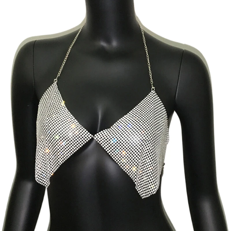 Damen Neckholder-Ketten-Crop-Top Silber Gold Metall-Fransen Körperschmuck Y2K Boho Streetwear Festival Outfit Sexy Ausgehöhltes Quasten-Crop-Top – Detail 7