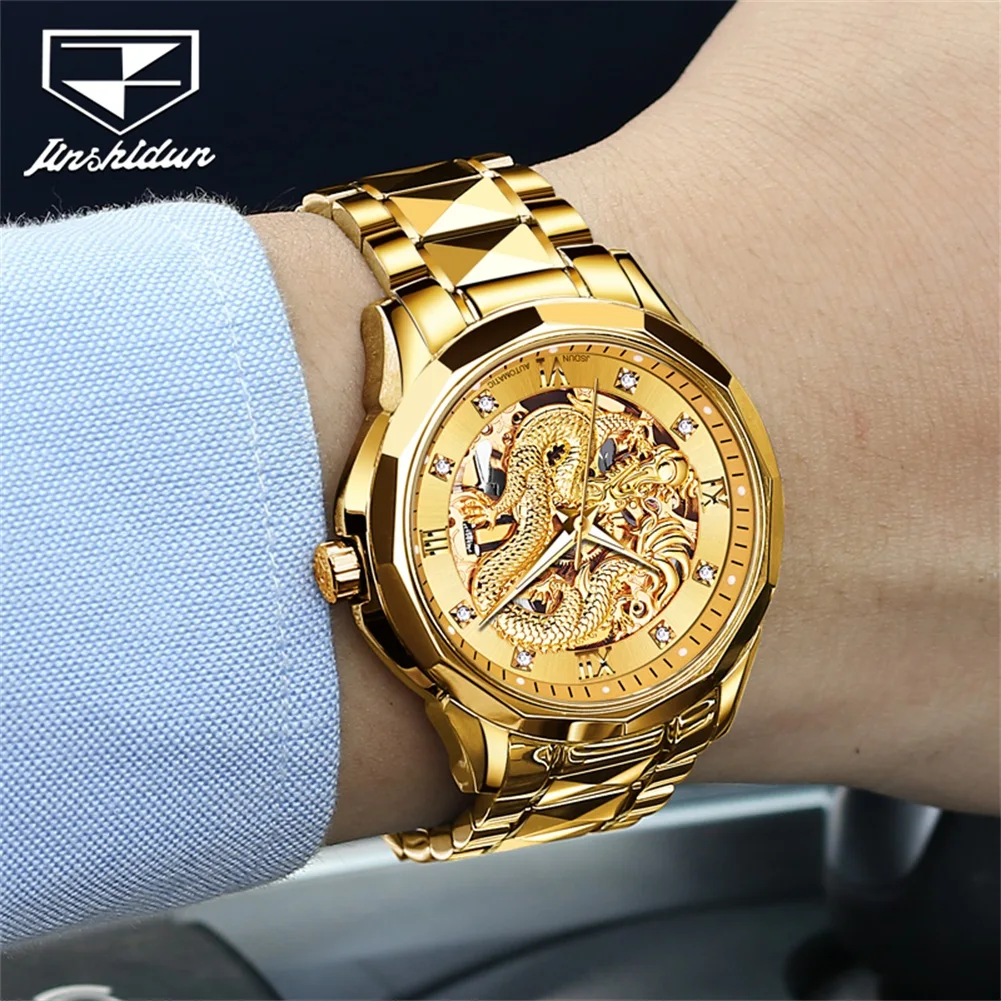JSDUN 8840 Watch For Men Hollow Dragon Luxury Mechanical Men Watch Top Brand Diamond Scale Luminous Waterproof Dress Wristwatch